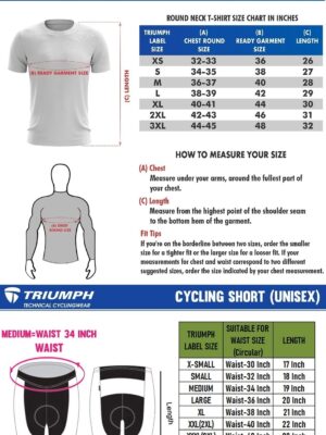 Cycling T-shirts and Shorts Size Chart for Men