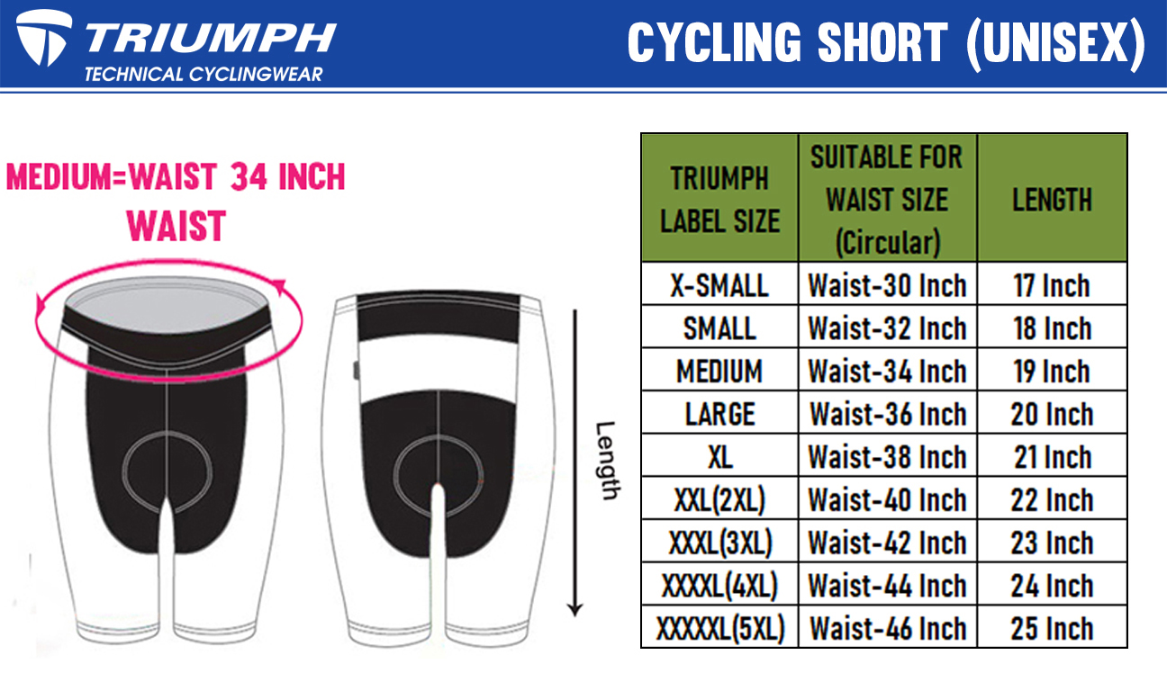 Cycling Shorts Size Chart for MEN