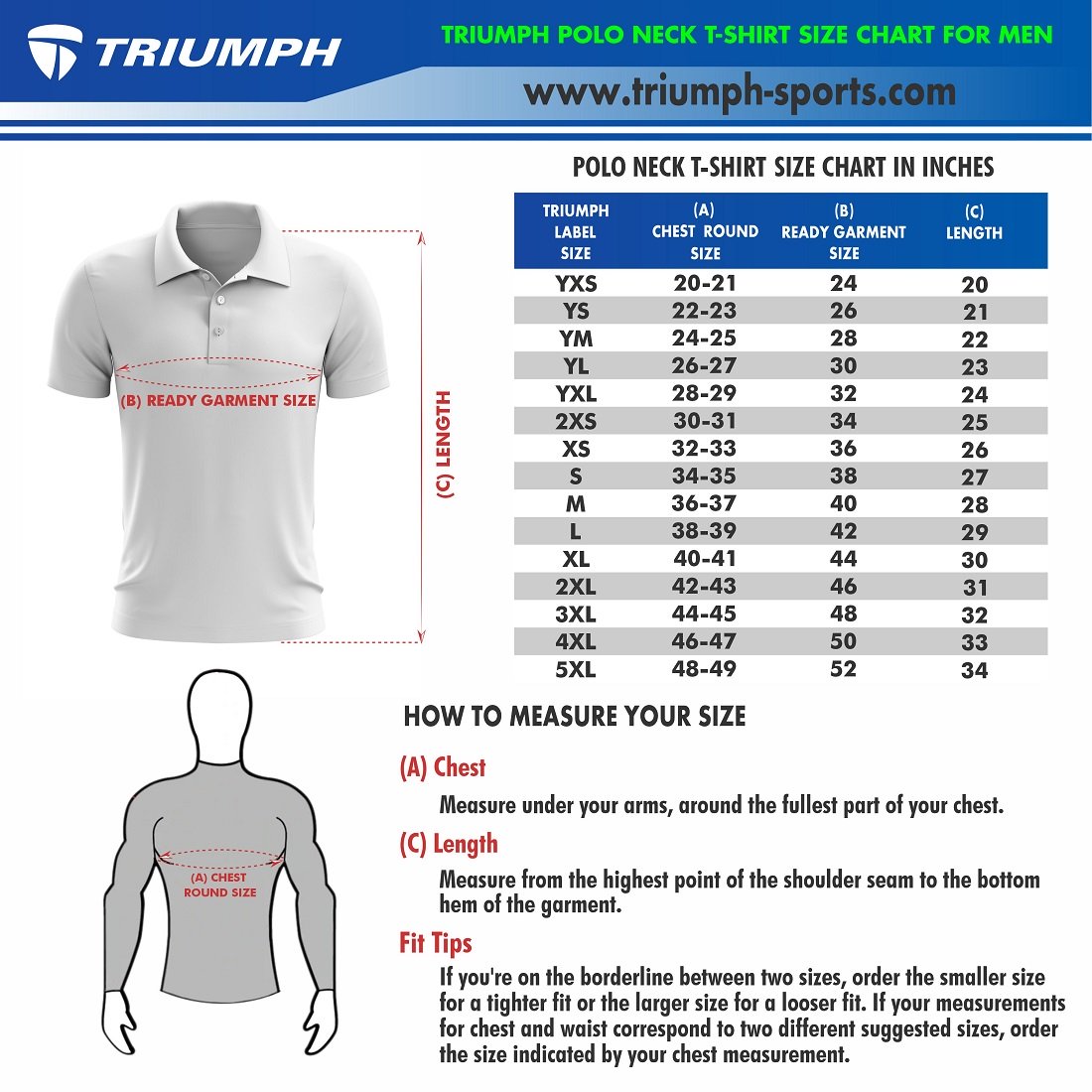 Polo Neck T-shirts Size Chart for MEN