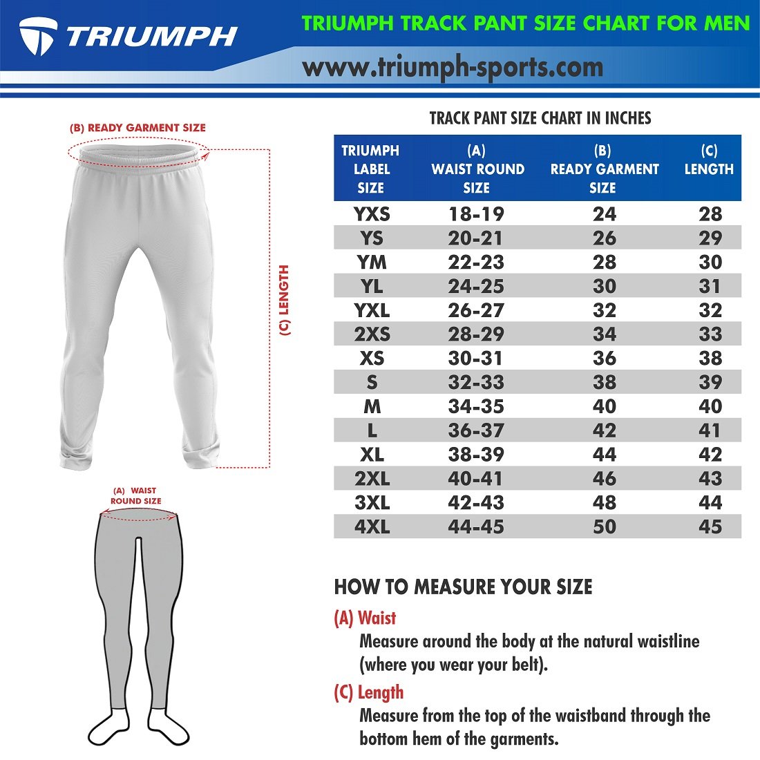 Men's Track Pants Size Chart