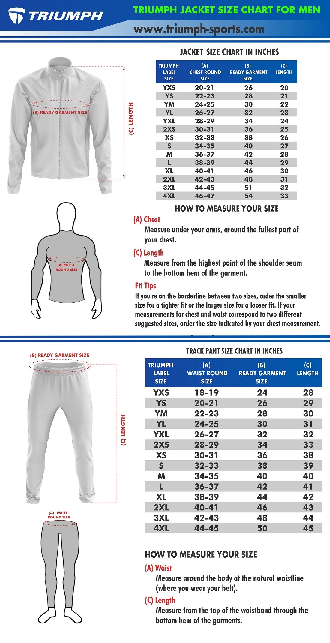 Tracksuits Size Chart for Men